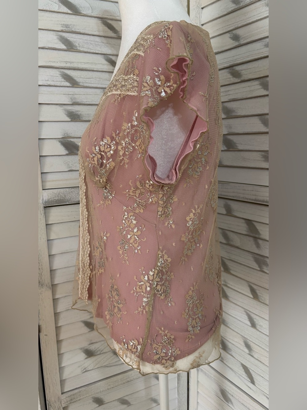INC International Concepts Dusty Rose Lace-Trim Floral Sheer Blouse - Picture 3 of 5